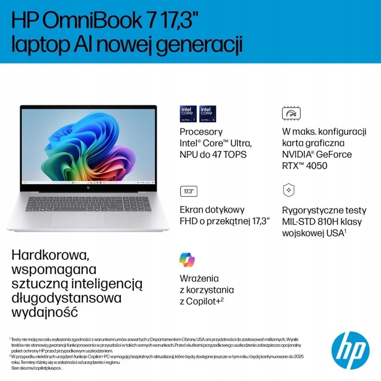 Aluminiowy HP OmniBook 7 NG AI 17 Ultra 7 258V 32GB 1TB FHD DOTYK WIN11